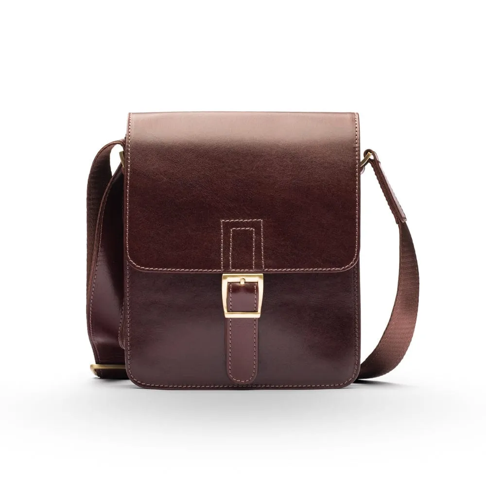 Small Leather Messenger Bag With Buckle - Brown