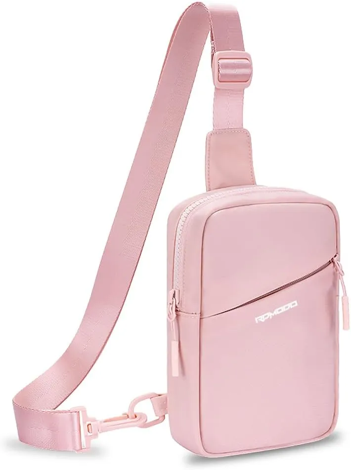 Small Sling Bag for Men Women, Mini Cross body Bag, Casual Chest Bag Water Resistance, 3 Pockets Shoulder Bag with Adjustable Strap, Daypack for Hiking Travel (Pink)