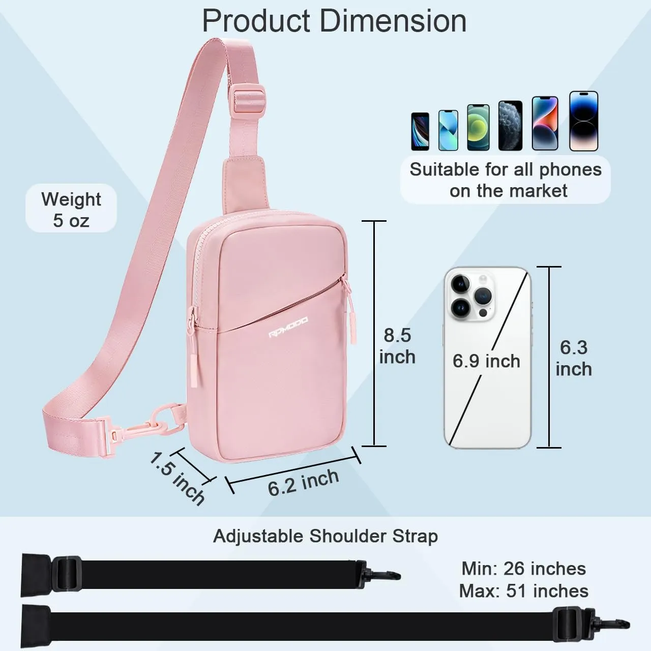 Small Sling Bag for Men Women, Mini Cross body Bag, Casual Chest Bag Water Resistance, 3 Pockets Shoulder Bag with Adjustable Strap, Daypack for Hiking Travel (Pink)