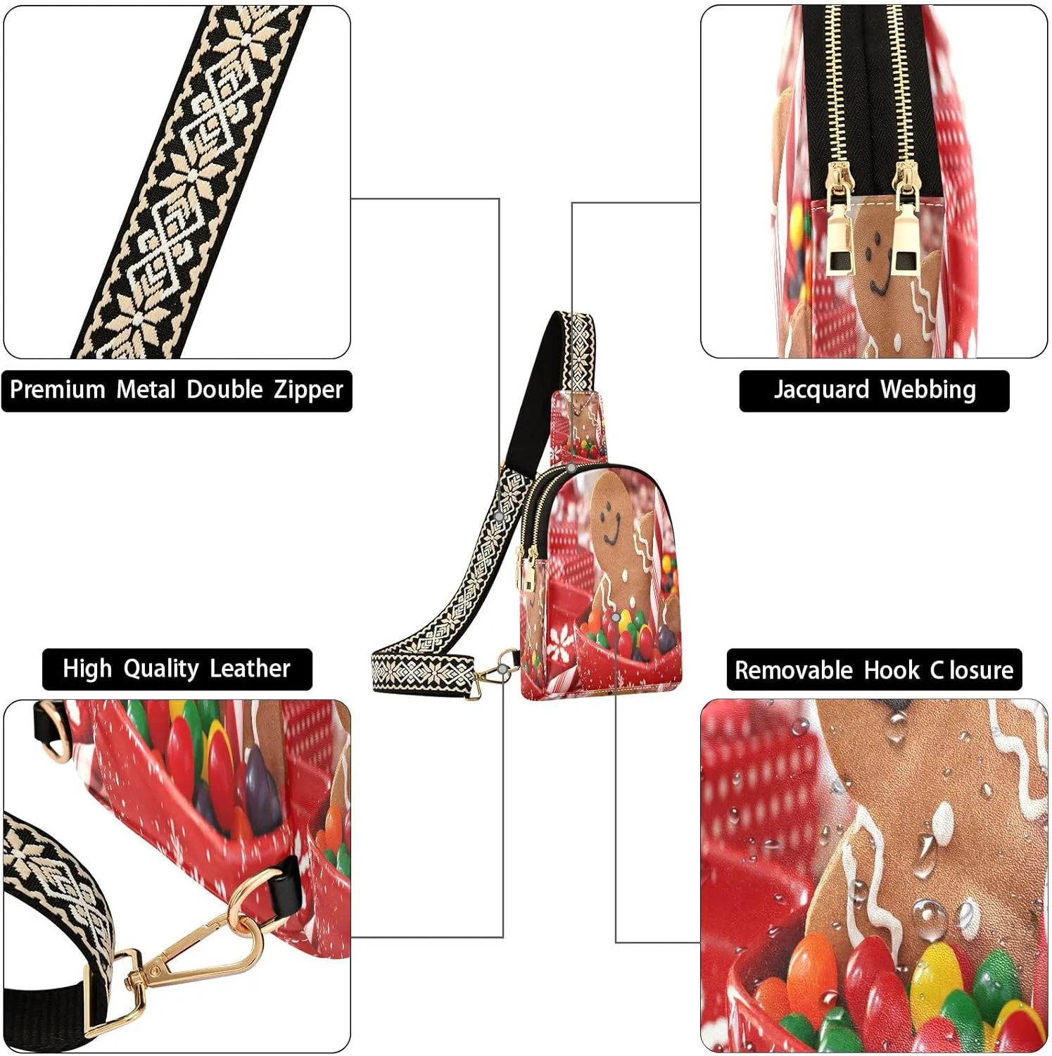 Small Sling Bag for Women Crossbody Christmas Candy Trendy Crossbody Bag Fanny Pack with Guitar Strap Ginger Man Leather Chest Bag for Women Travel Outdoor Outfit