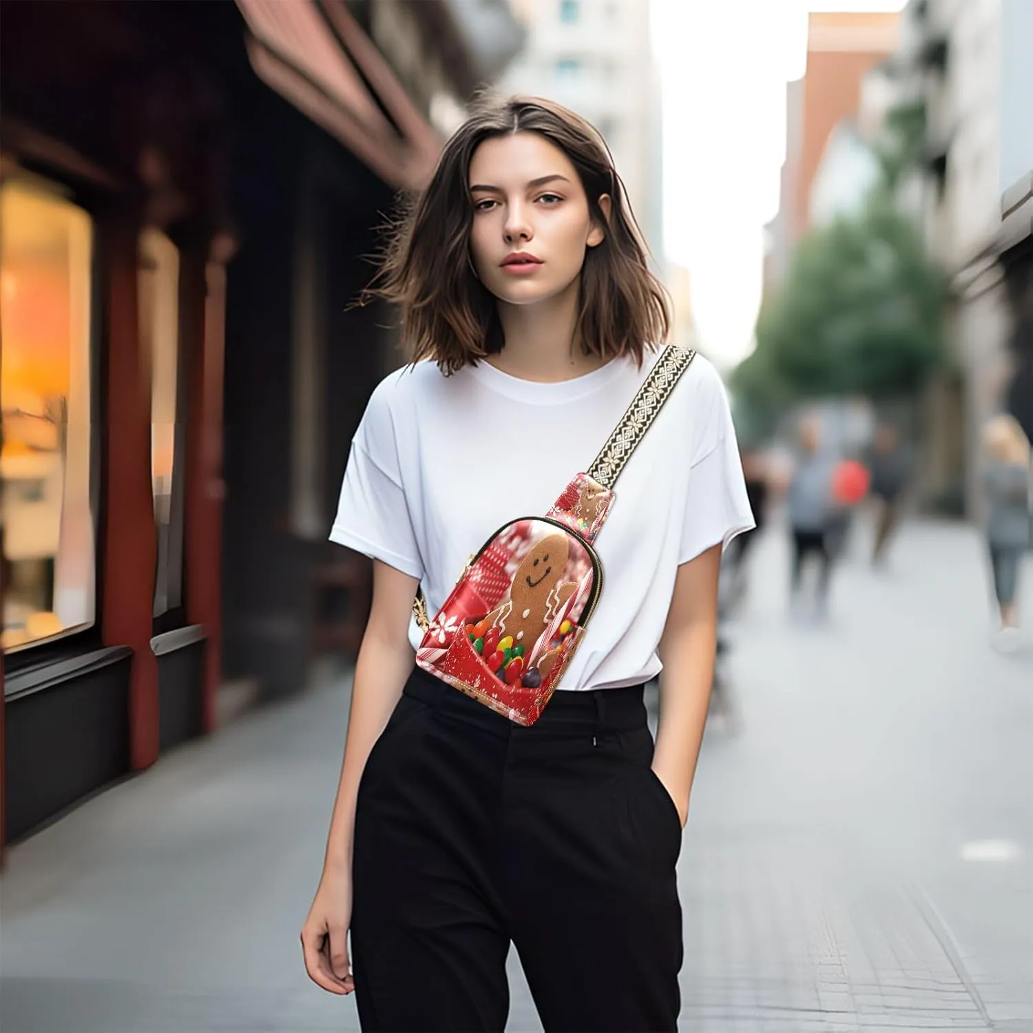 Small Sling Bag for Women Crossbody Christmas Candy Trendy Crossbody Bag Fanny Pack with Guitar Strap Ginger Man Leather Chest Bag for Women Travel Outdoor Outfit