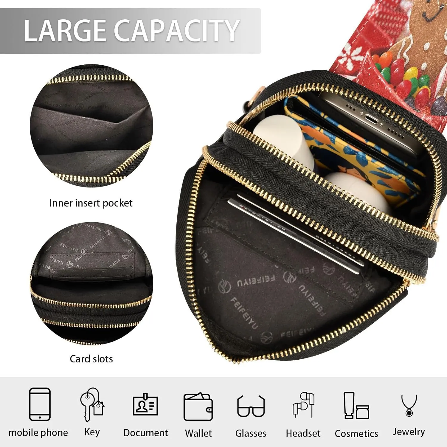 Small Sling Bag for Women Crossbody Christmas Candy Trendy Crossbody Bag Fanny Pack with Guitar Strap Ginger Man Leather Chest Bag for Women Travel Outdoor Outfit