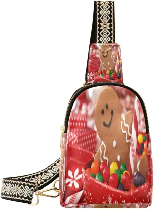 Small Sling Bag for Women Crossbody Christmas Candy Trendy Crossbody Bag Fanny Pack with Guitar Strap Ginger Man Leather Chest Bag for Women Travel Outdoor Outfit