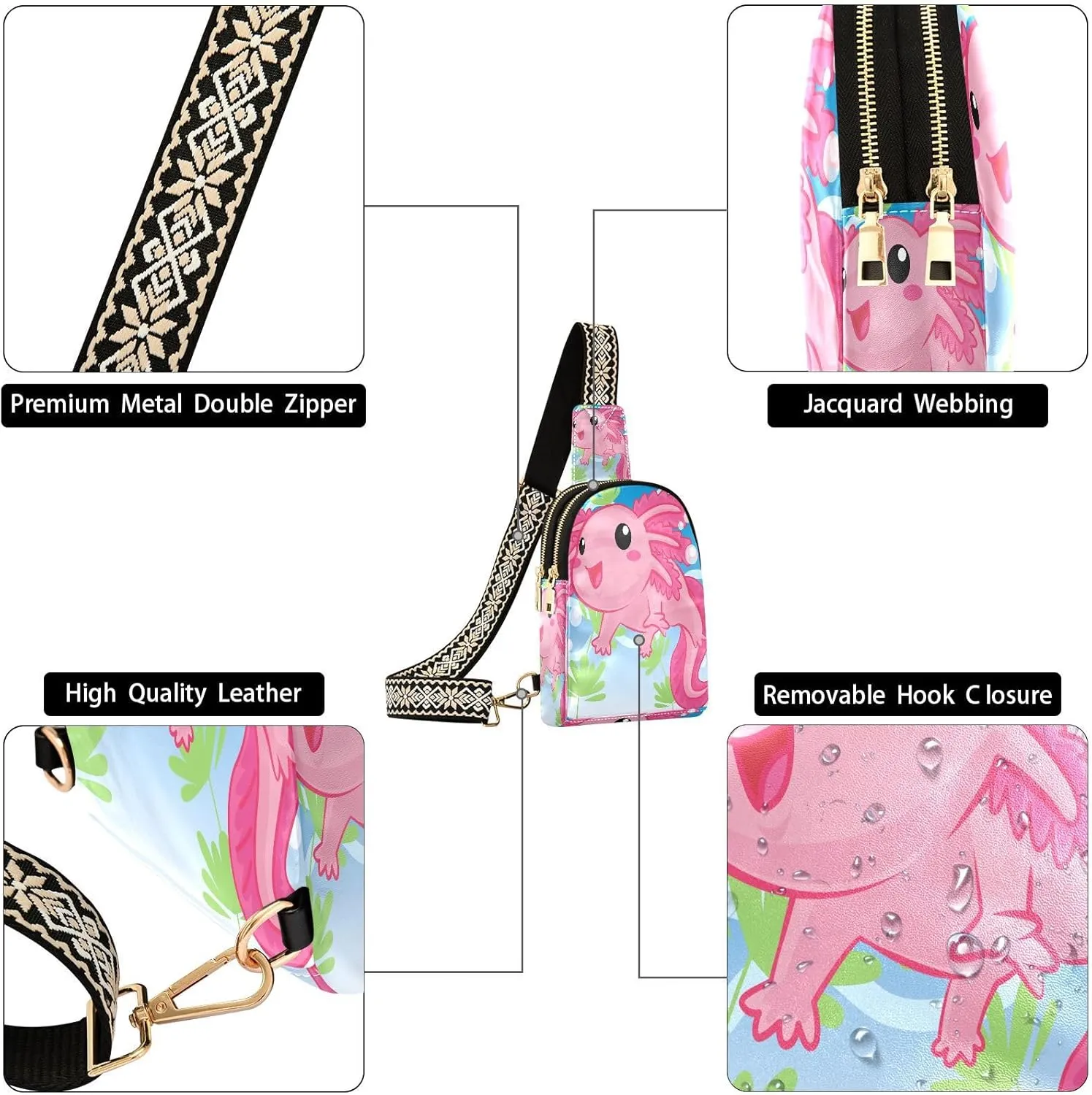 Small Sling Bag for Women Crossbody Cute Axolotl Trendy Crossbody Bag Fanny Pack with Guitar Strap Salamander Cartoon Leather Chest Bag for Women Travel Outdoor Outfit