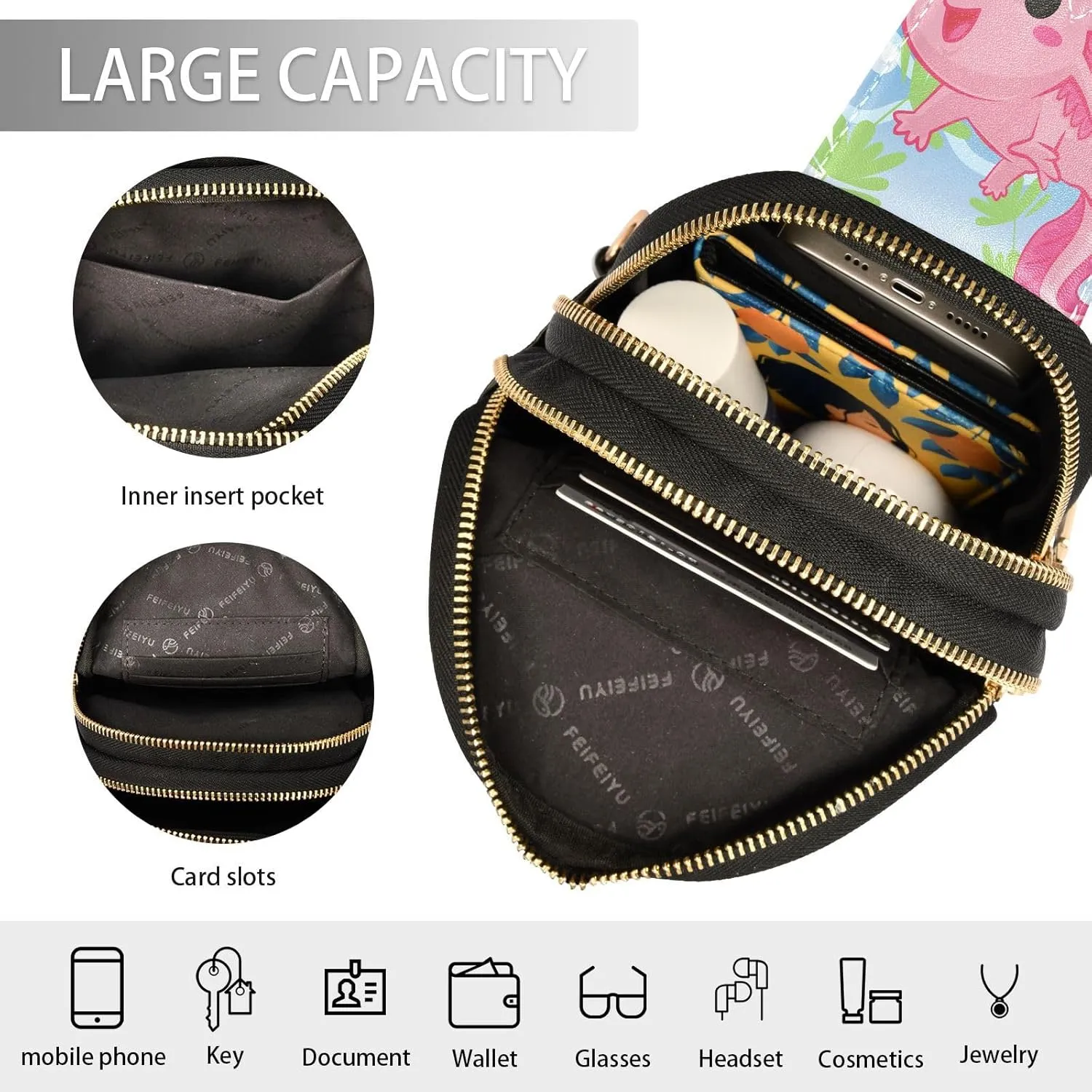 Small Sling Bag for Women Crossbody Cute Axolotl Trendy Crossbody Bag Fanny Pack with Guitar Strap Salamander Cartoon Leather Chest Bag for Women Travel Outdoor Outfit