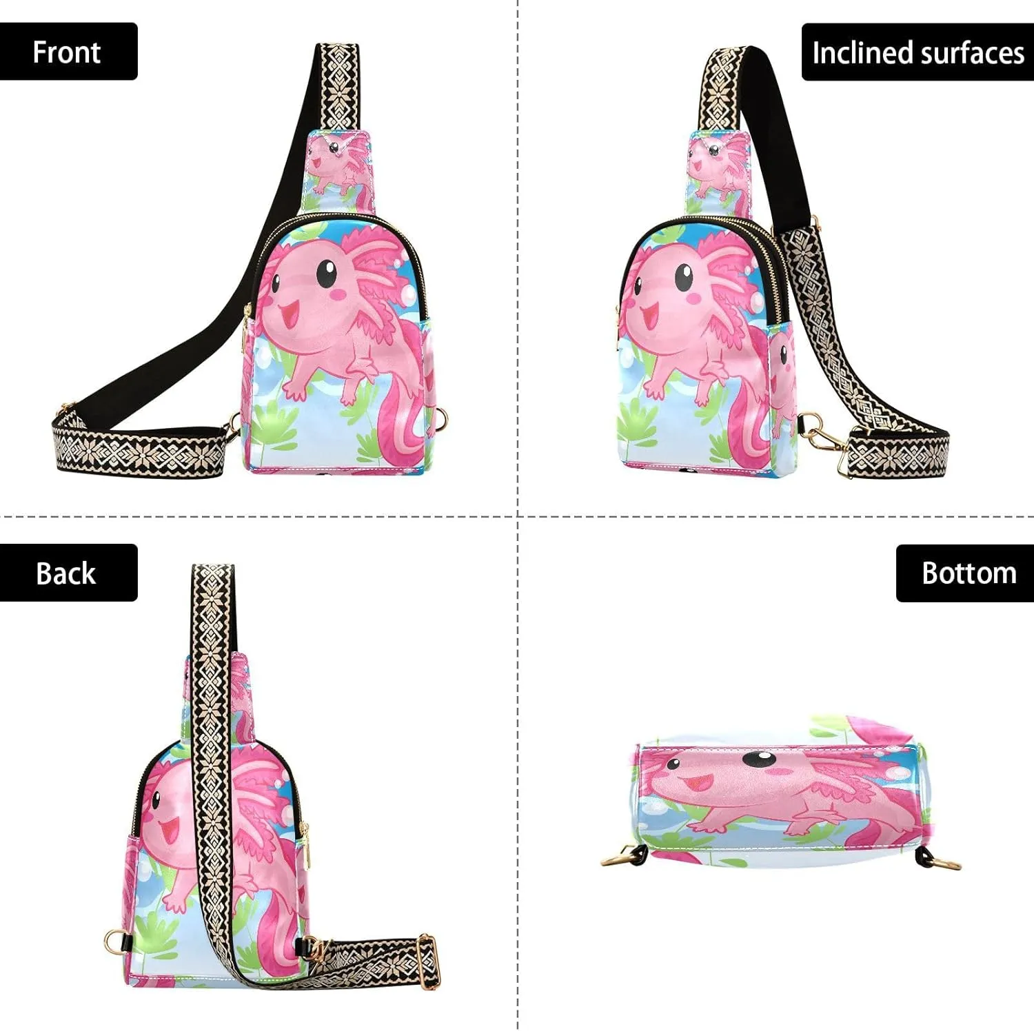 Small Sling Bag for Women Crossbody Cute Axolotl Trendy Crossbody Bag Fanny Pack with Guitar Strap Salamander Cartoon Leather Chest Bag for Women Travel Outdoor Outfit