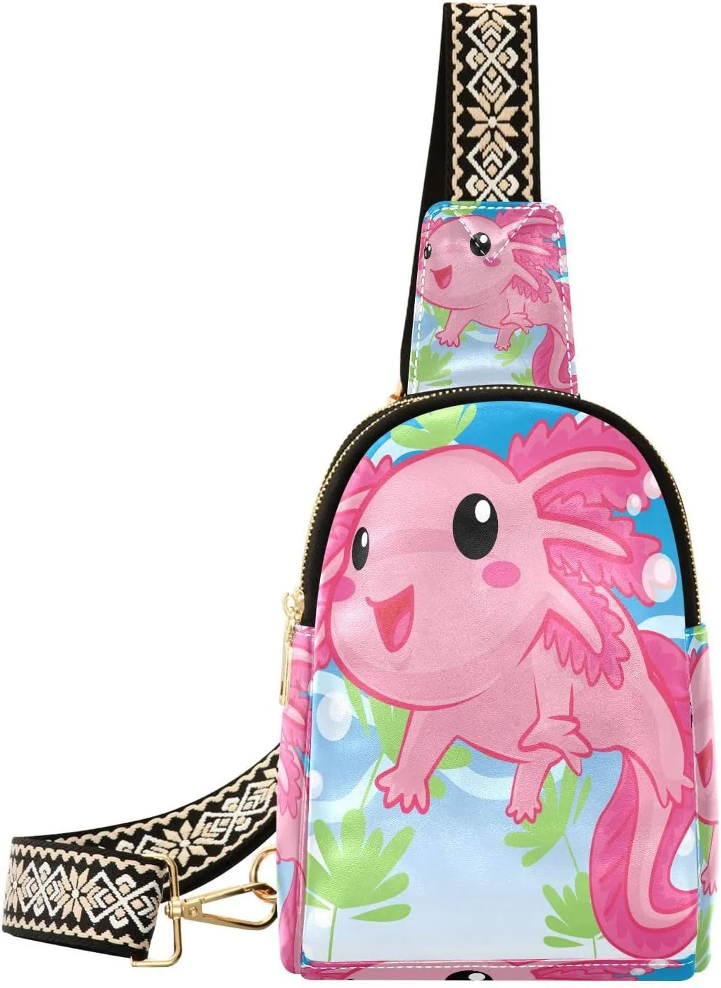 Small Sling Bag for Women Crossbody Cute Axolotl Trendy Crossbody Bag Fanny Pack with Guitar Strap Salamander Cartoon Leather Chest Bag for Women Travel Outdoor Outfit