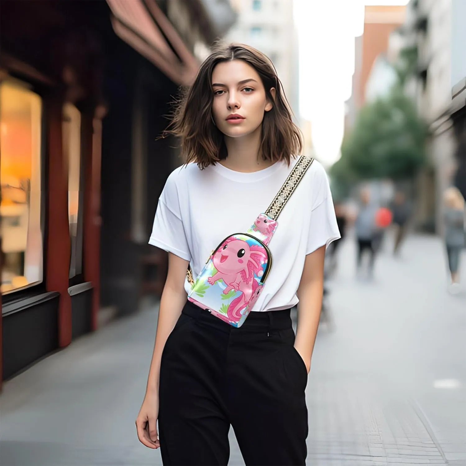 Small Sling Bag for Women Crossbody Cute Axolotl Trendy Crossbody Bag Fanny Pack with Guitar Strap Salamander Cartoon Leather Chest Bag for Women Travel Outdoor Outfit