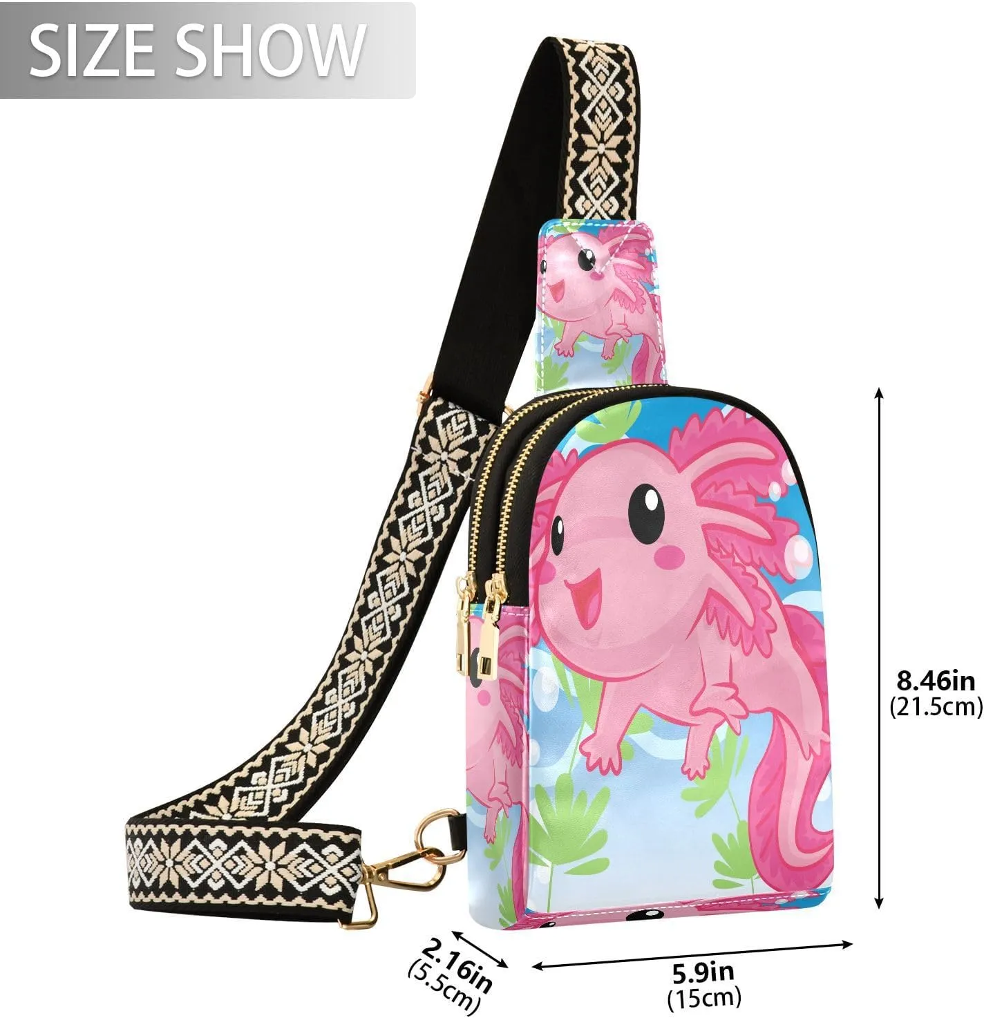 Small Sling Bag for Women Crossbody Cute Axolotl Trendy Crossbody Bag Fanny Pack with Guitar Strap Salamander Cartoon Leather Chest Bag for Women Travel Outdoor Outfit