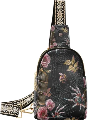 Small Sling Bag for Women Crossbody Embroidery Spider Fashion Leather Crossbody Bag for Women Pink Flower Trendy Crossbody Purse Fanny Pack with Adjustable Guitar Strap Outfit