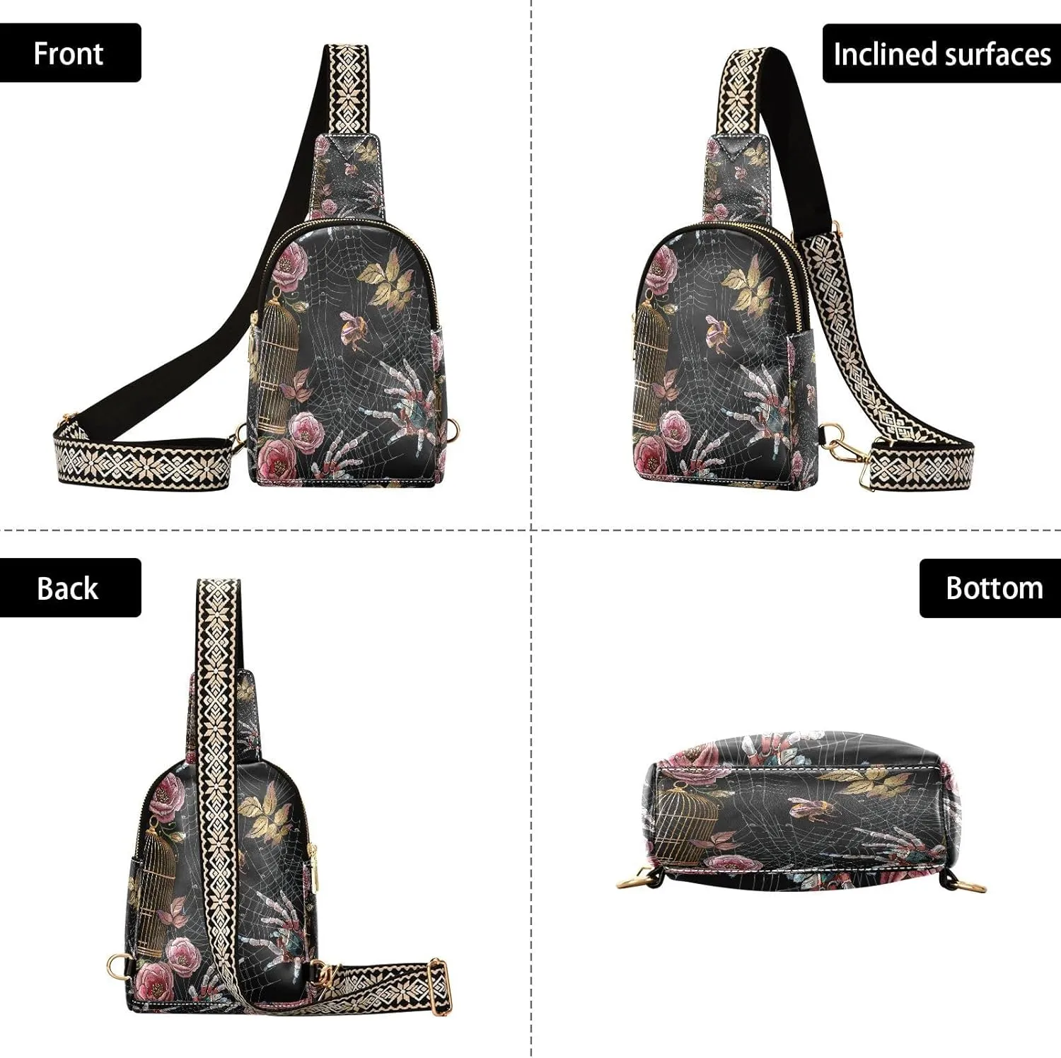 Small Sling Bag for Women Crossbody Embroidery Spider Fashion Leather Crossbody Bag for Women Pink Flower Trendy Crossbody Purse Fanny Pack with Adjustable Guitar Strap Outfit