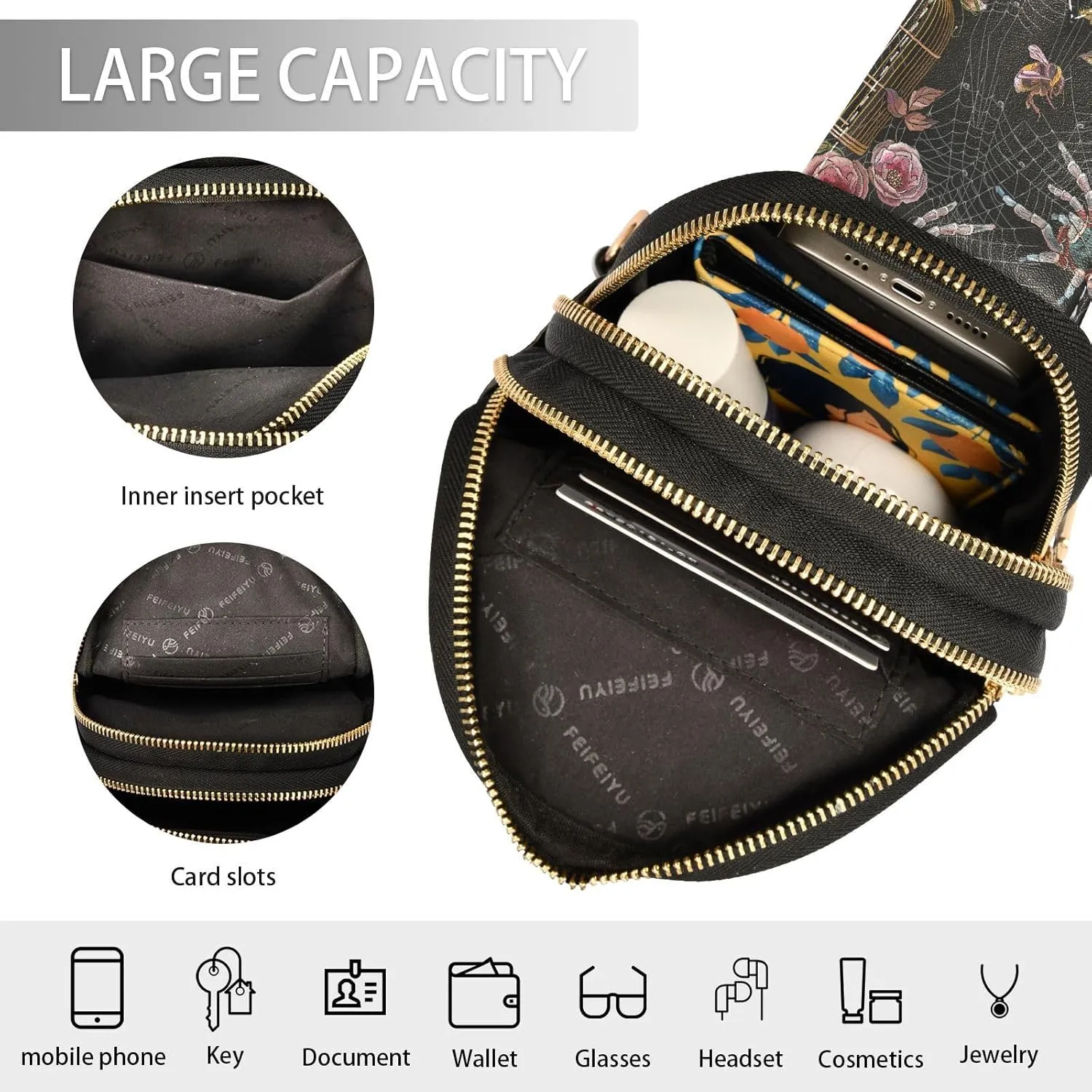 Small Sling Bag for Women Crossbody Embroidery Spider Fashion Leather Crossbody Bag for Women Pink Flower Trendy Crossbody Purse Fanny Pack with Adjustable Guitar Strap Outfit