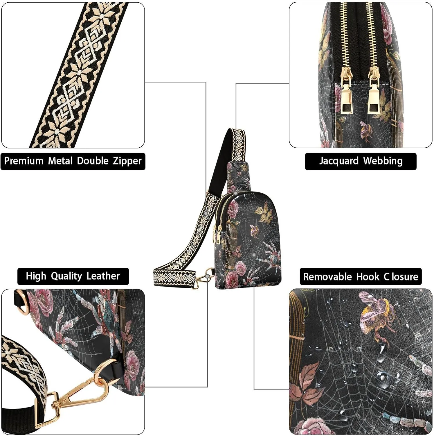 Small Sling Bag for Women Crossbody Embroidery Spider Fashion Leather Crossbody Bag for Women Pink Flower Trendy Crossbody Purse Fanny Pack with Adjustable Guitar Strap Outfit