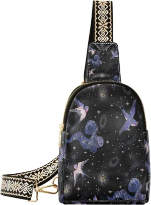 Small Sling Bag for Women Crossbody Embroidery Swallows Fashion Leather Crossbody Bag for Women Starry Sky Meteor Trendy Crossbody Purse Fanny Pack with Adjustable Guitar Strap Outfit