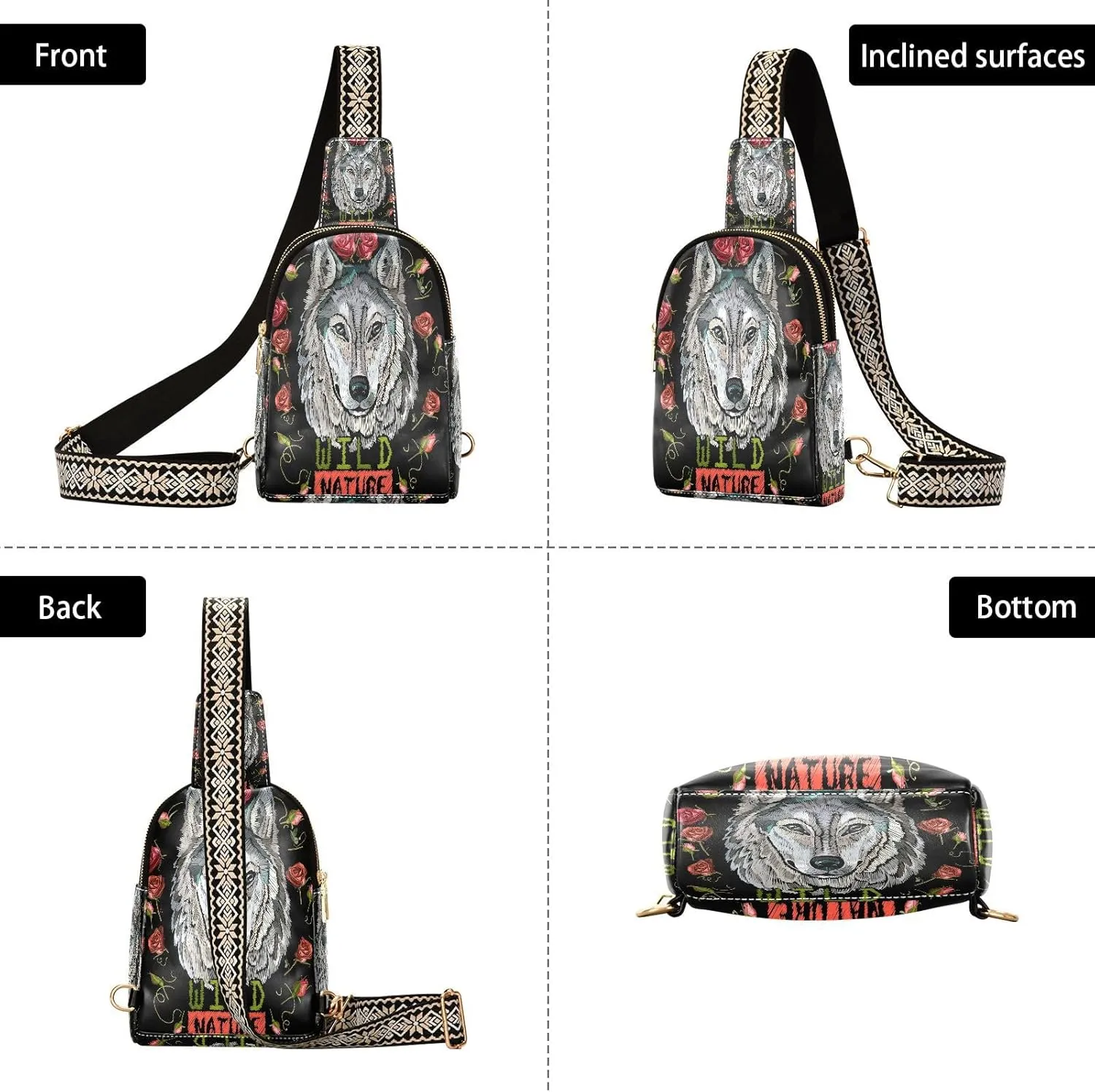 Small Sling Bag for Women Crossbody Embroidery Wolf Rose Fashion Leather Crossbody Bag for Women Wild Nature Trendy Crossbody Purse Fanny Pack with Adjustable Guitar Strap Waist Fanny Pack