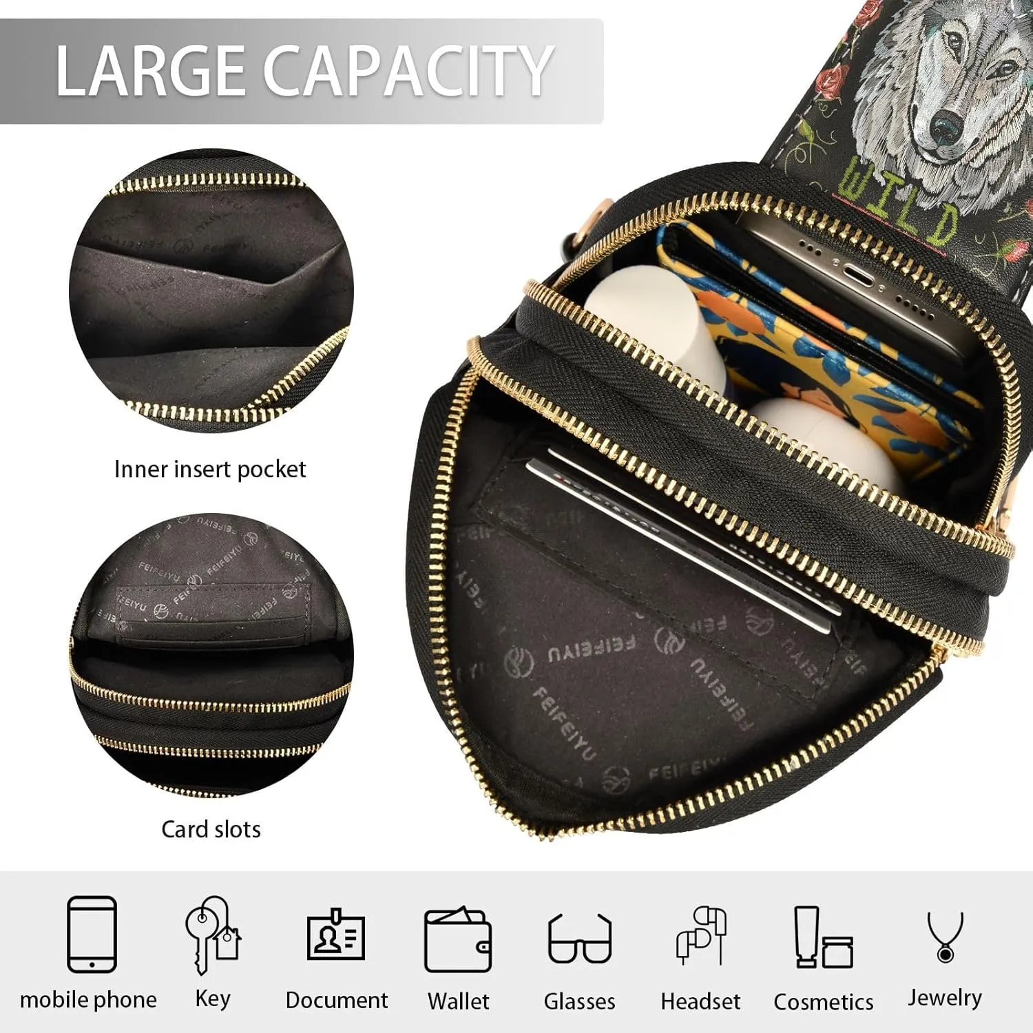Small Sling Bag for Women Crossbody Embroidery Wolf Rose Fashion Leather Crossbody Bag for Women Wild Nature Trendy Crossbody Purse Fanny Pack with Adjustable Guitar Strap Waist Fanny Pack
