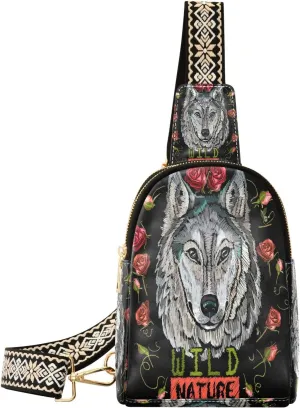 Small Sling Bag for Women Crossbody Embroidery Wolf Rose Fashion Leather Crossbody Bag for Women Wild Nature Trendy Crossbody Purse Fanny Pack with Adjustable Guitar Strap Waist Fanny Pack