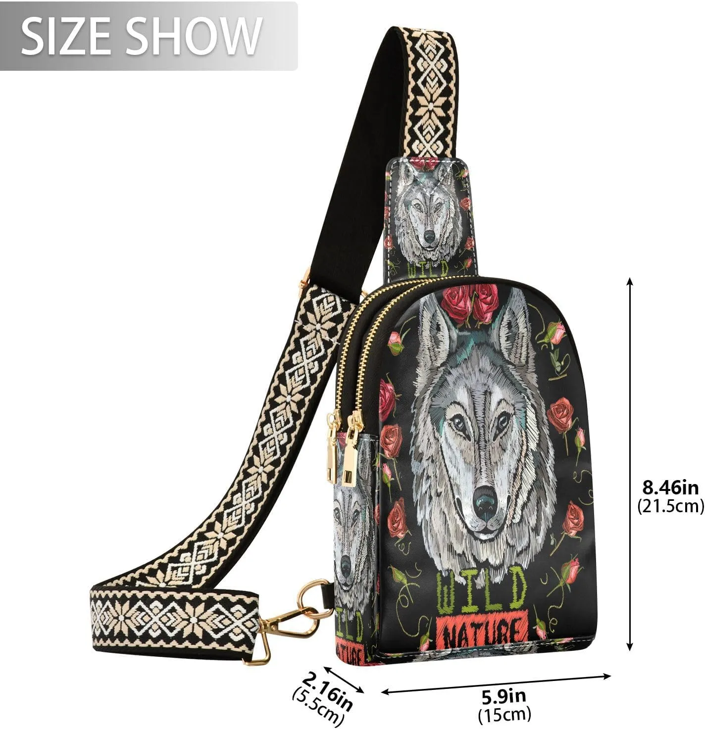 Small Sling Bag for Women Crossbody Embroidery Wolf Rose Fashion Leather Crossbody Bag for Women Wild Nature Trendy Crossbody Purse Fanny Pack with Adjustable Guitar Strap Waist Fanny Pack