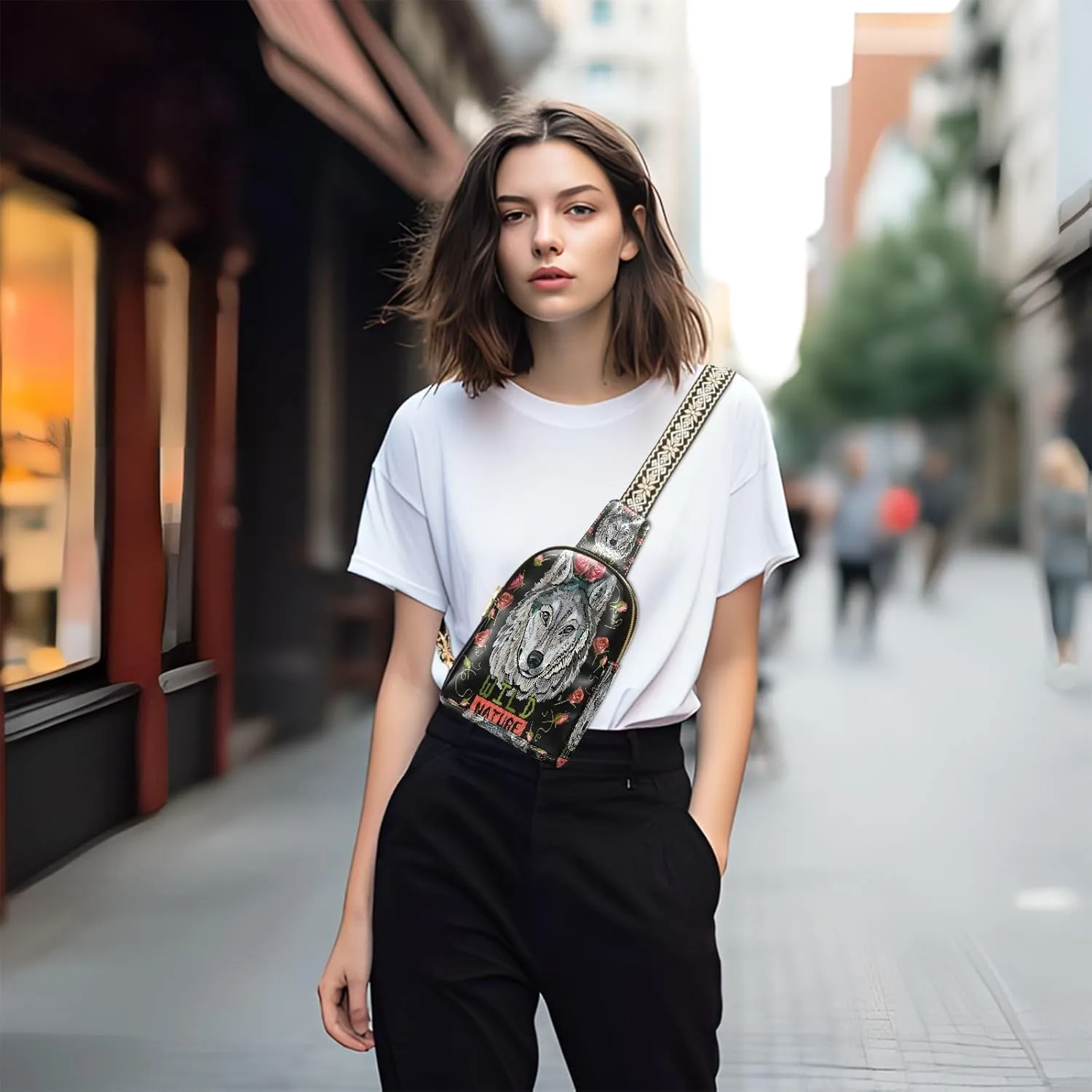 Small Sling Bag for Women Crossbody Embroidery Wolf Rose Fashion Leather Crossbody Bag for Women Wild Nature Trendy Crossbody Purse Fanny Pack with Adjustable Guitar Strap Waist Fanny Pack