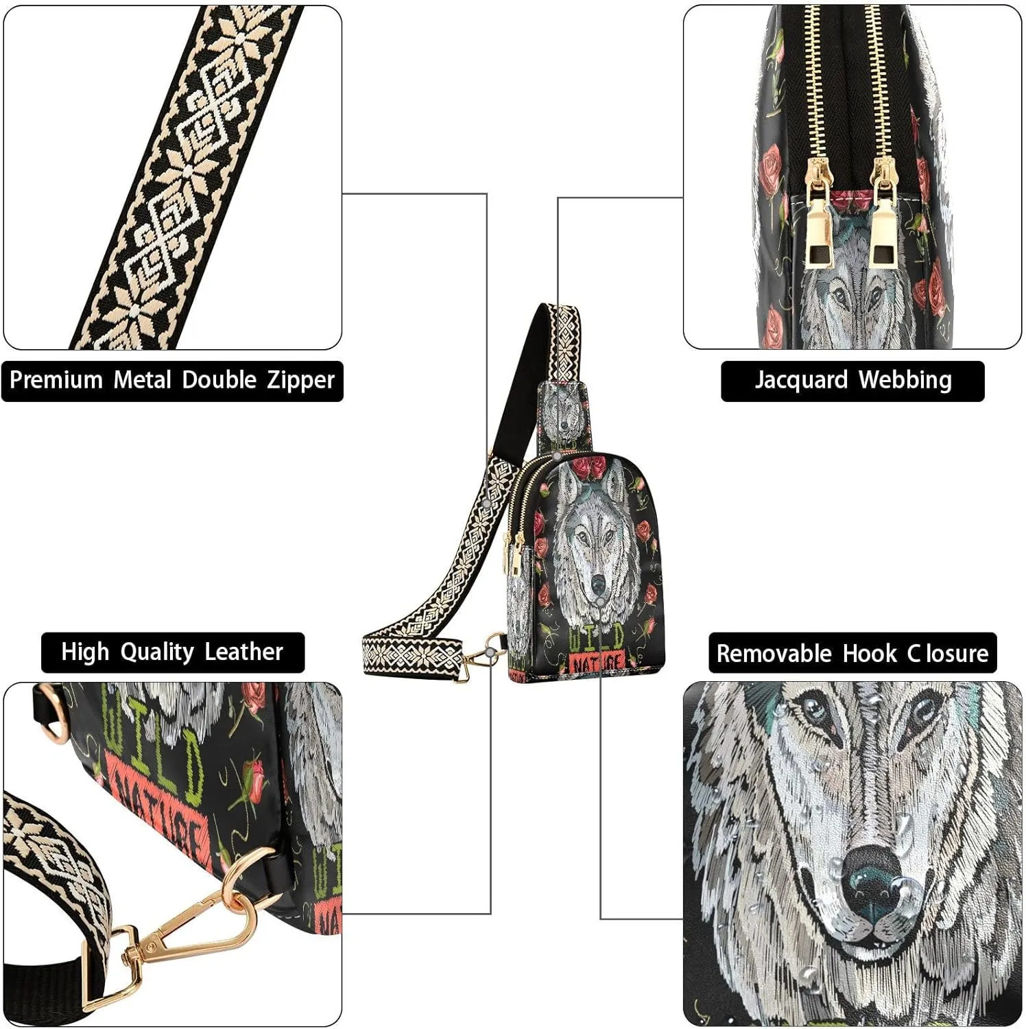Small Sling Bag for Women Crossbody Embroidery Wolf Rose Fashion Leather Crossbody Bag for Women Wild Nature Trendy Crossbody Purse Fanny Pack with Adjustable Guitar Strap Waist Fanny Pack