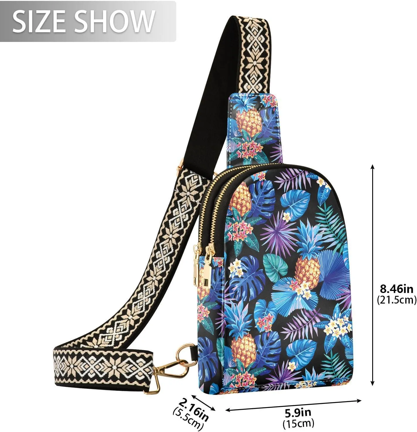 Small Sling Bag for Women Tropical Pineapples Leather Fanny Pack Crossbody Bag Hawaii Palm Flower Chest Bag Trendy Fashion Waist Packs for Outdoor Travel Sports Hiking