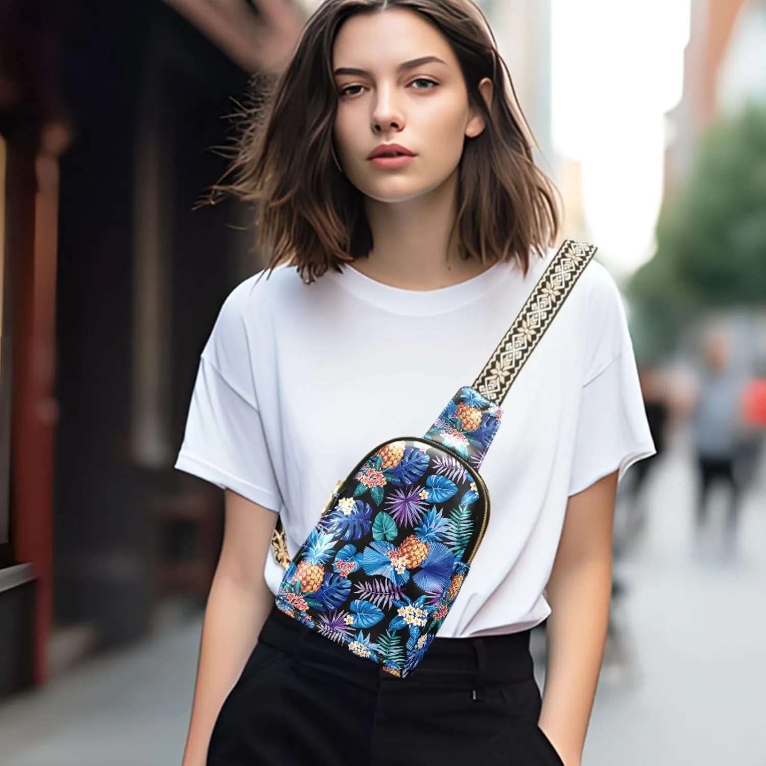 Small Sling Bag for Women Tropical Pineapples Leather Fanny Pack Crossbody Bag Hawaii Palm Flower Chest Bag Trendy Fashion Waist Packs for Outdoor Travel Sports Hiking