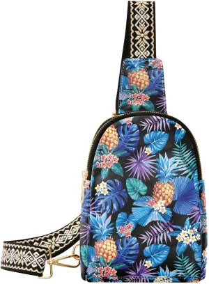 Small Sling Bag for Women Tropical Pineapples Leather Fanny Pack Crossbody Bag Hawaii Palm Flower Chest Bag Trendy Fashion Waist Packs for Outdoor Travel Sports Hiking
