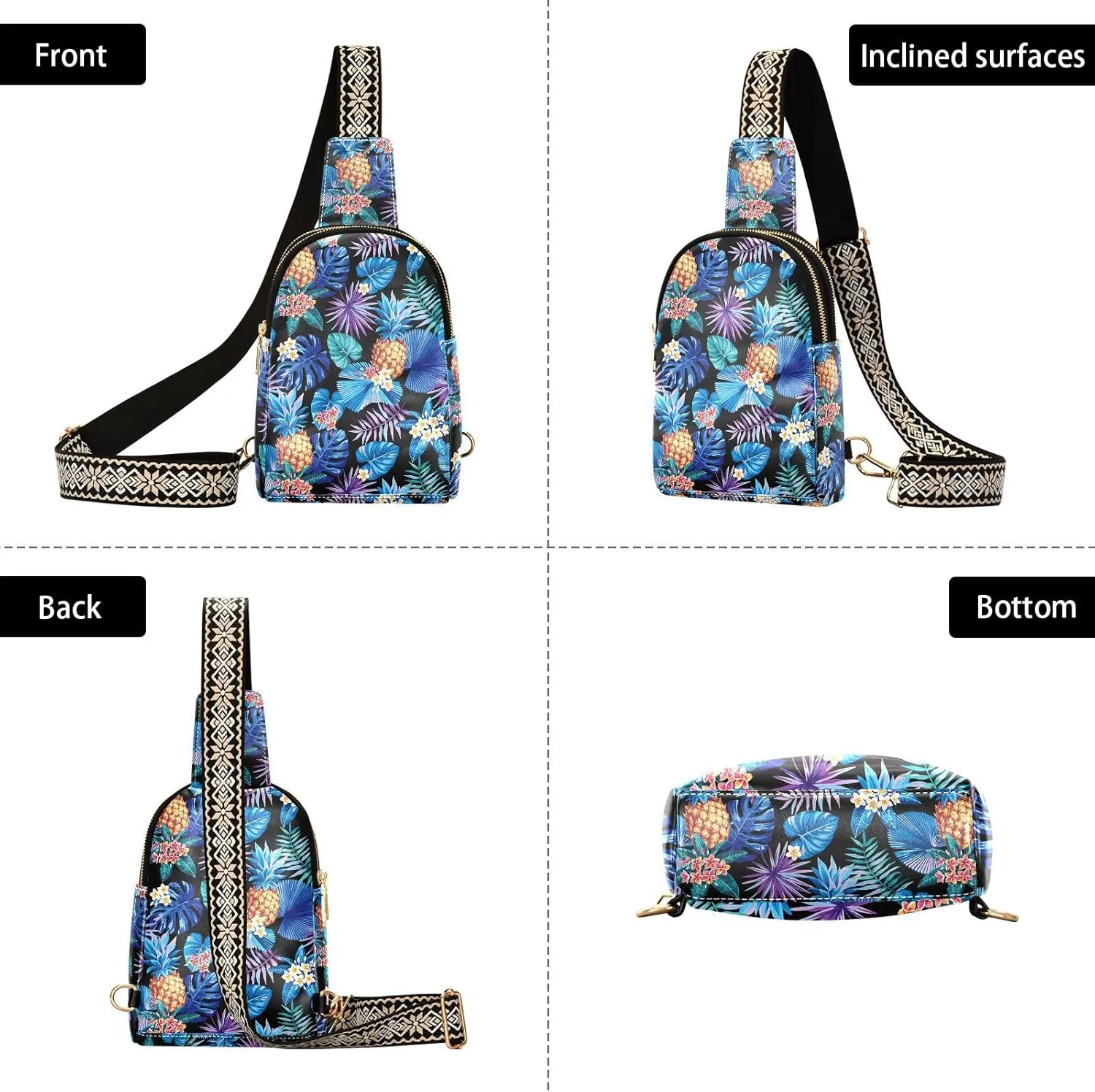 Small Sling Bag for Women Tropical Pineapples Leather Fanny Pack Crossbody Bag Hawaii Palm Flower Chest Bag Trendy Fashion Waist Packs for Outdoor Travel Sports Hiking