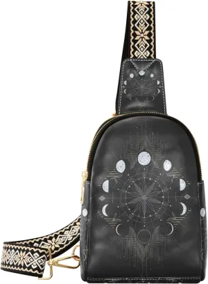 Small Sling Bag Golden Moon Phases Mystical Crossbody Bag PU Leather Sling Purse for Women