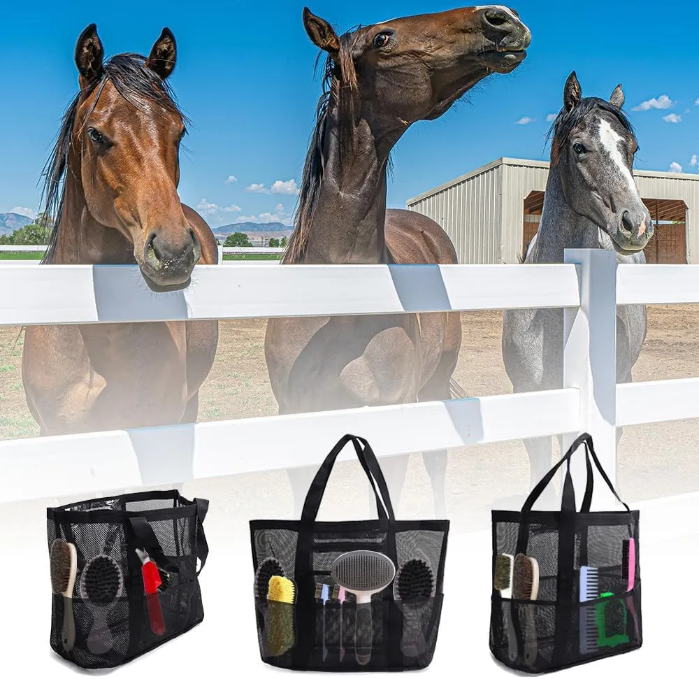 Smanllan Horse Grooming Organizer Bag,8 Pockets Waterproof Horse Grooming Tote Bag with Mesh (Black)
