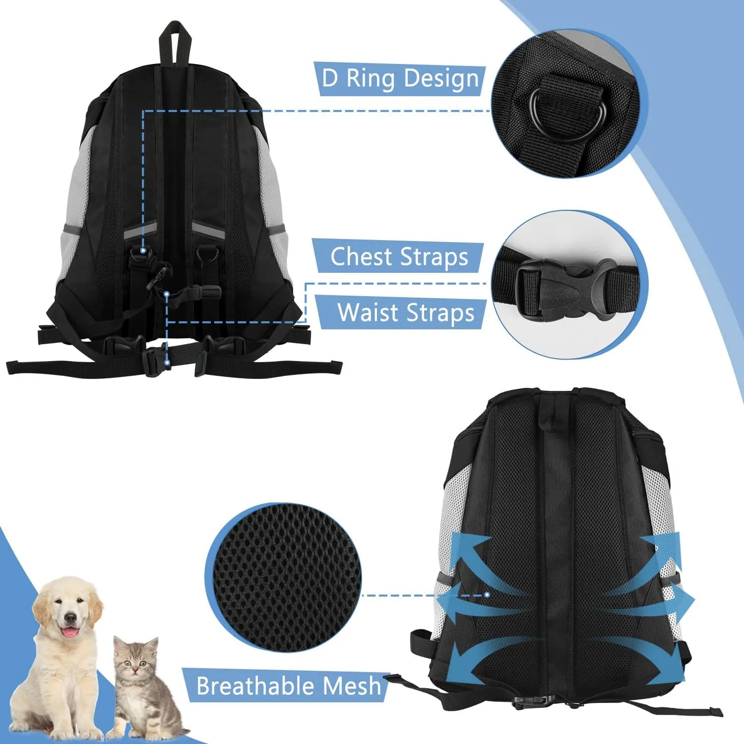 SMONT Dog Backpack Carrier Pet Lightweight Dog Carrier Backpack Small Dog Front Backpack Breathable Dog Carriers for Small Dogs with Safety Belt for Outdoor Hiking Travel Use S (2-7 lbs) Black