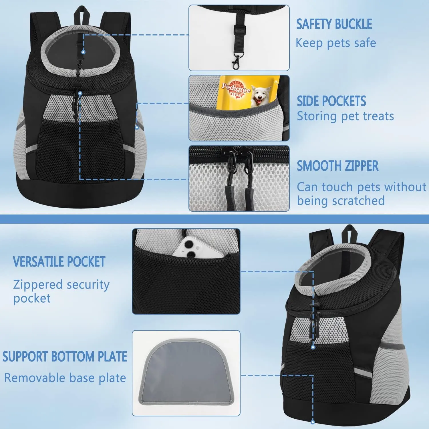SMONT Dog Backpack Carrier Pet Lightweight Dog Carrier Backpack Small Dog Front Backpack Breathable Dog Carriers for Small Dogs with Safety Belt for Outdoor Hiking Travel Use S (2-7 lbs) Black