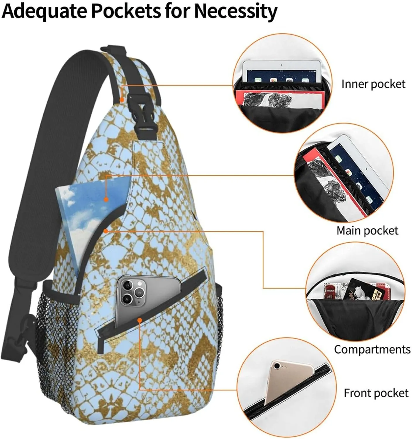 Snake Shoulder Bag Snake Skin Sling Backpack Daypack Casual Backpack Hiking Bag Cool Backpack Bag