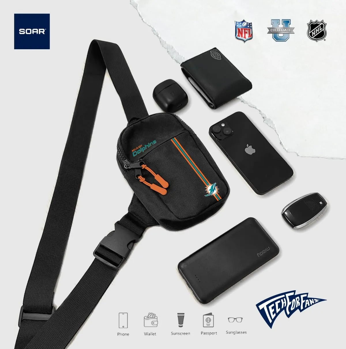 SOAR Unisex Crossbody Tech Adjustable Strap Travel Backpack Officially Licensed NFL, Mini Sling Bag