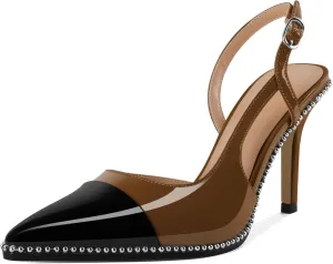 Soireelady Womens Sling Back Heels Pointed Cap Toe Beaded Pumps Stilettos High Heel Pumps Slip On D'Orsay Heels Dress Shoes Wedding 3.5 Inch