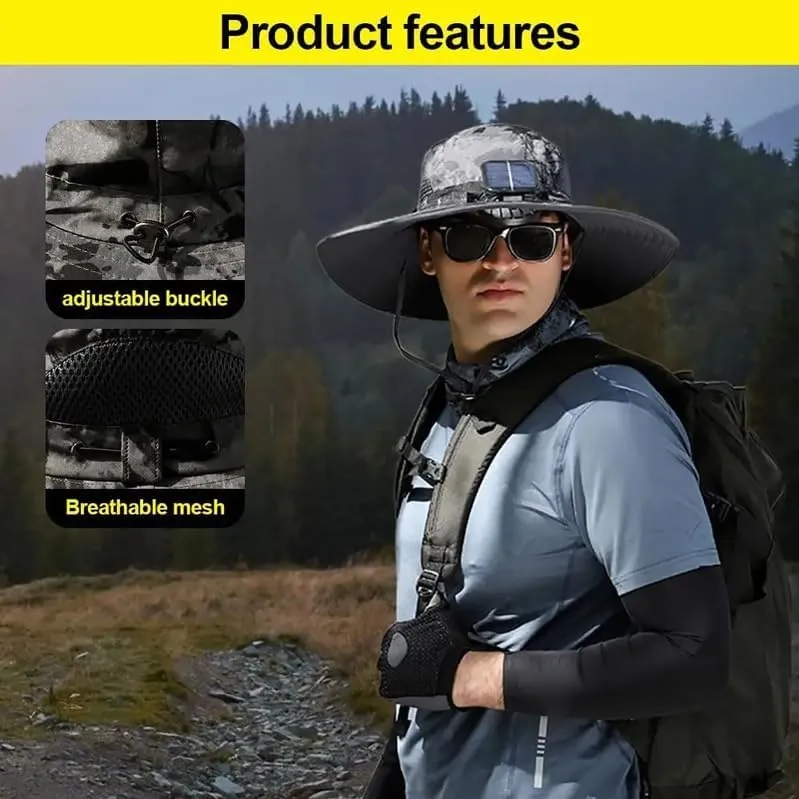 Solar Powered Fishing Hat with Fans – UPF 50  Wide Brim Sun Hat, Cooling – Lightweight, Waterproof for Hiking, Angling