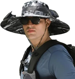 Solar Powered Fishing Hat with Fans – UPF 50  Wide Brim Sun Hat, Cooling – Lightweight, Waterproof for Hiking, Angling