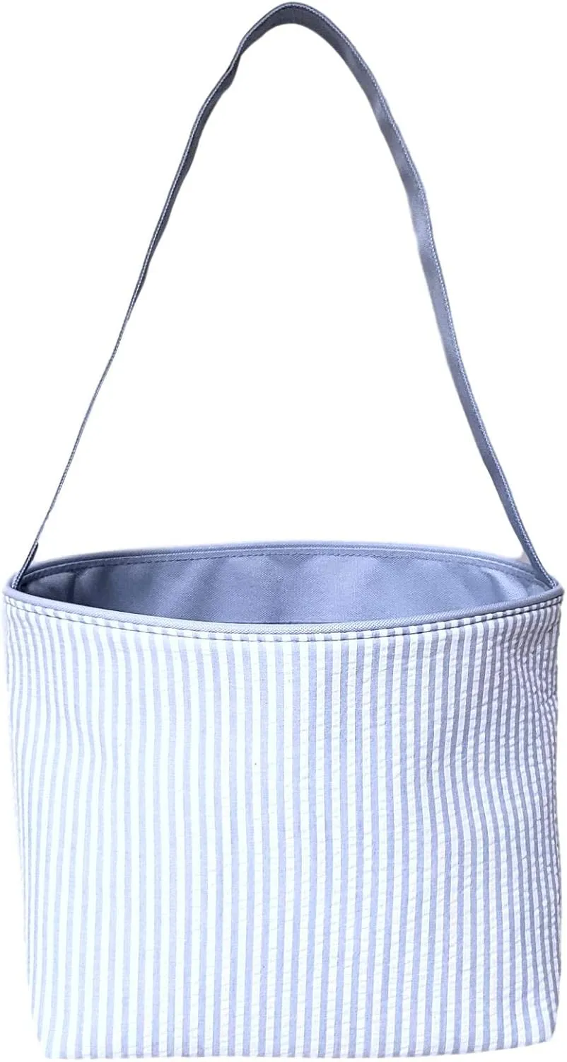 SONA G DESIGNS Seersucker Stripe Fabric Easter Basket Bucket Tote Bag - Egg Collecting