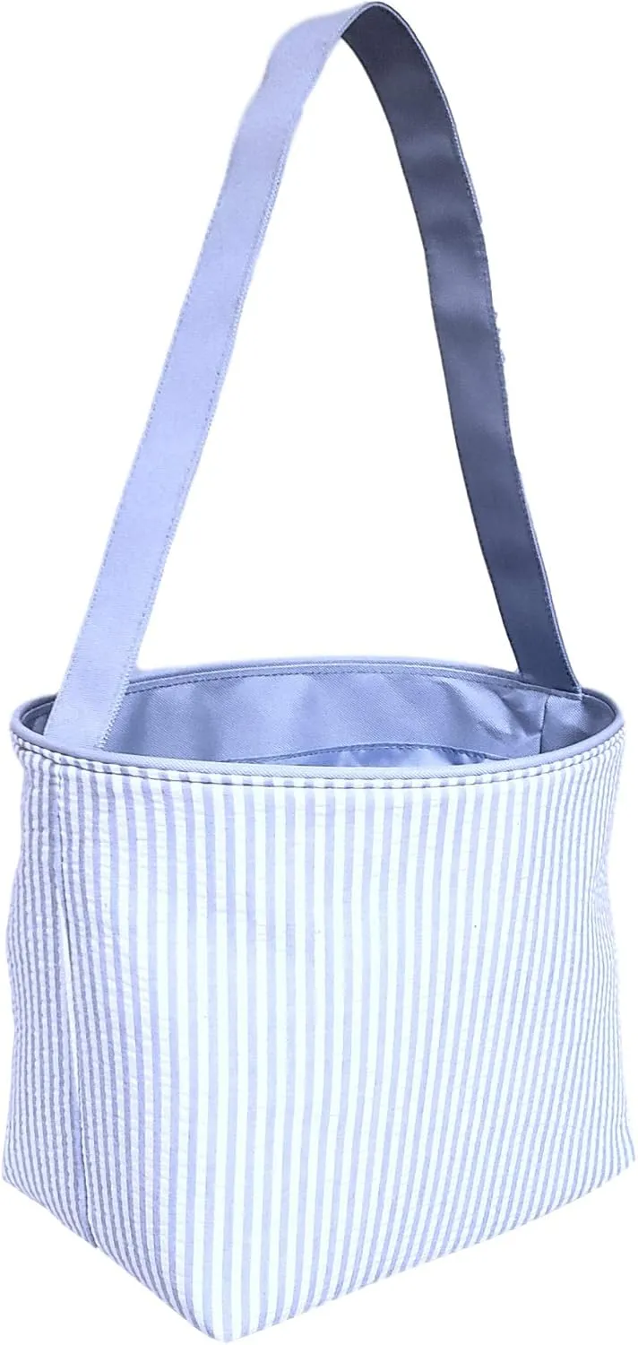 SONA G DESIGNS Seersucker Stripe Fabric Easter Basket Bucket Tote Bag - Egg Collecting
