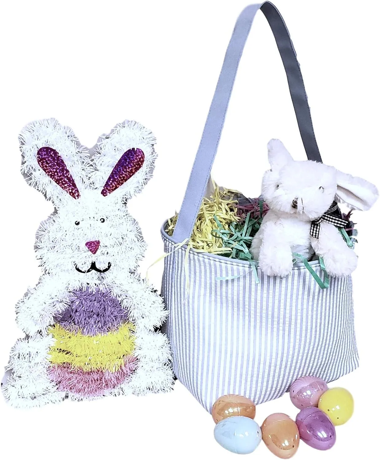 SONA G DESIGNS Seersucker Stripe Fabric Easter Basket Bucket Tote Bag - Egg Collecting