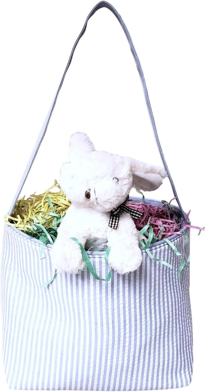 SONA G DESIGNS Seersucker Stripe Fabric Easter Basket Bucket Tote Bag - Egg Collecting