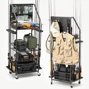 SOYEEZE Fishing Rod Holders for Garage,Fishing Gear Storage and Organization for Tackle Box and Fishing Reels,Fishing Pole Holders for Fishing Equipment with Pegboard and Wheels