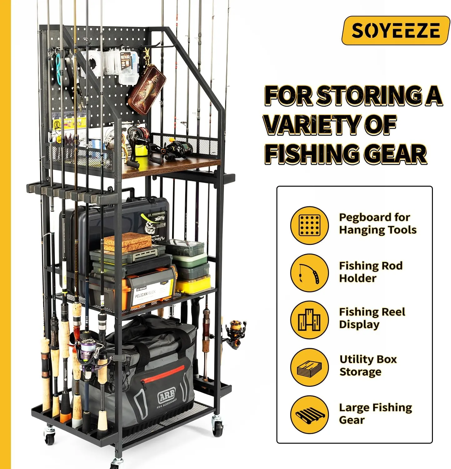 SOYEEZE Fishing Rod Holders for Garage,Fishing Gear Storage and Organization for Tackle Box and Fishing Reels,Fishing Pole Holders for Fishing Equipment with Pegboard and Wheels