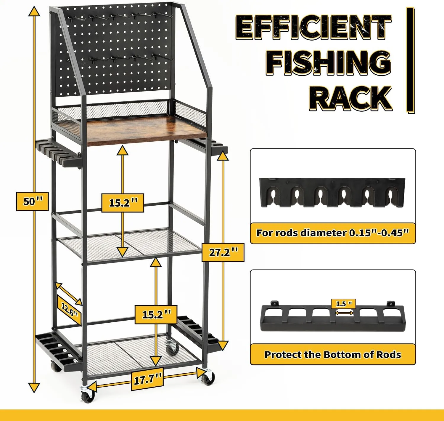 SOYEEZE Fishing Rod Holders for Garage,Fishing Gear Storage and Organization for Tackle Box and Fishing Reels,Fishing Pole Holders for Fishing Equipment with Pegboard and Wheels