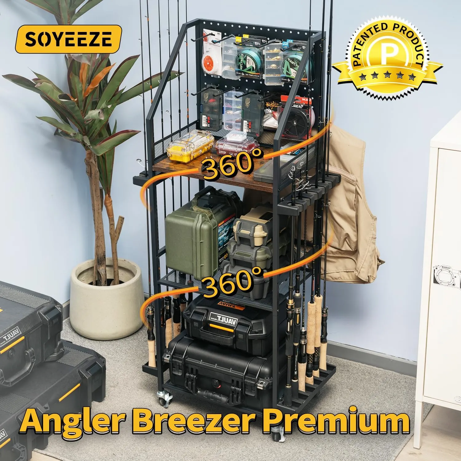 SOYEEZE Fishing Rod Holders for Garage,Fishing Gear Storage and Organization for Tackle Box and Fishing Reels,Fishing Pole Holders for Fishing Equipment with Pegboard and Wheels