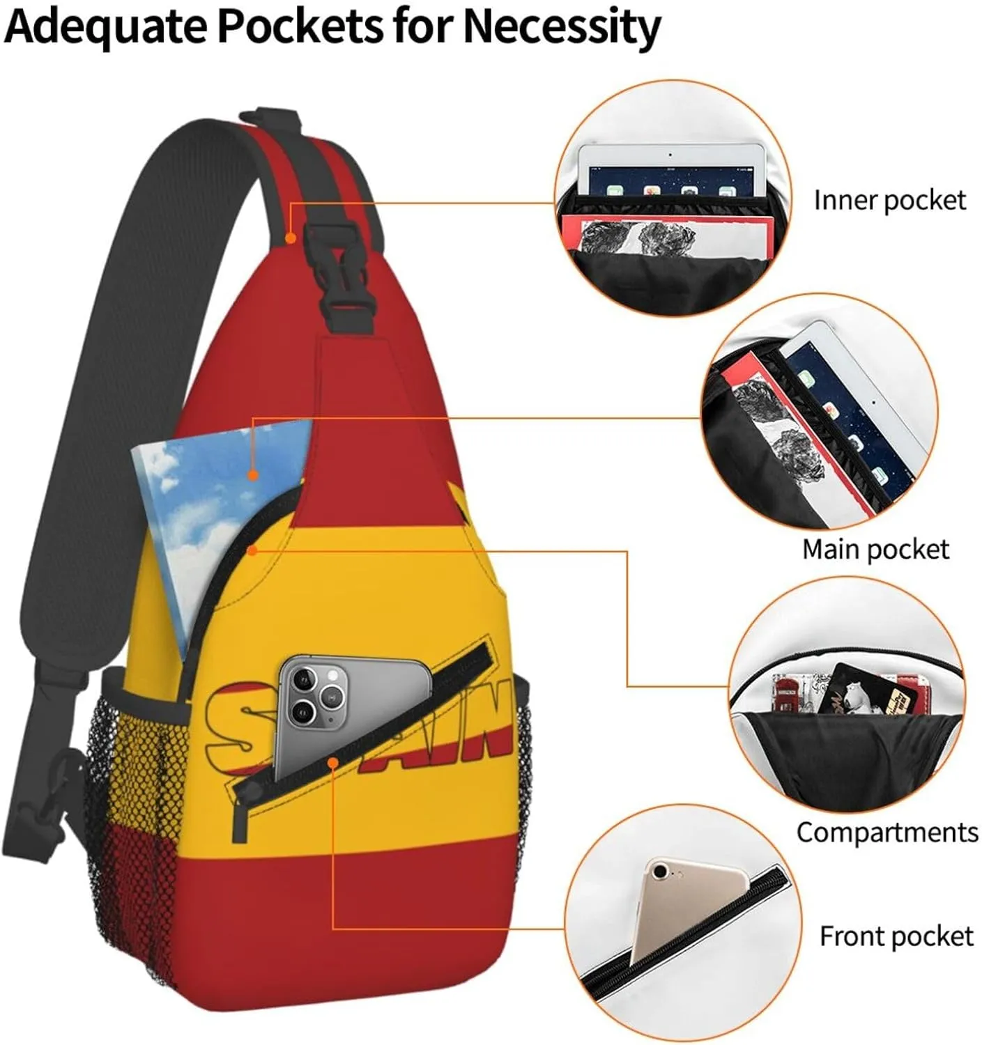 Spain Mens Crossbody Chest Bag One Shoulder Strap Sling Backpack