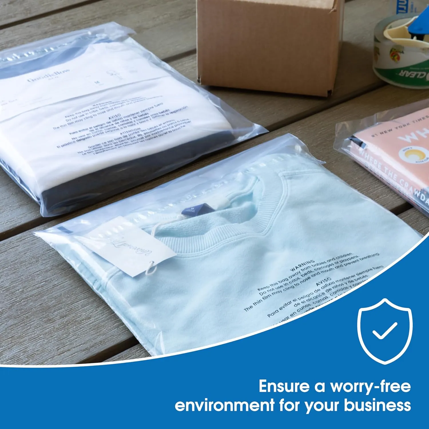 Spartan Industrial - 10” X 13” (100 Count) Self Seal Clear Poly Bags with Suffocation Warning for Packaging, T Shirts - Permanent Adhesive