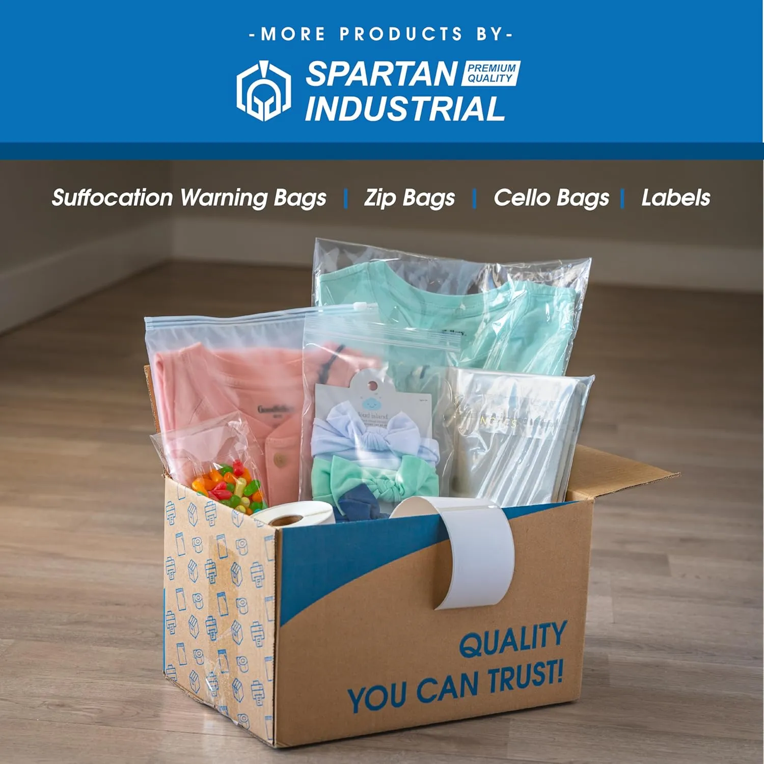 Spartan Industrial - 10” X 13” (100 Count) Self Seal Clear Poly Bags with Suffocation Warning for Packaging, T Shirts - Permanent Adhesive