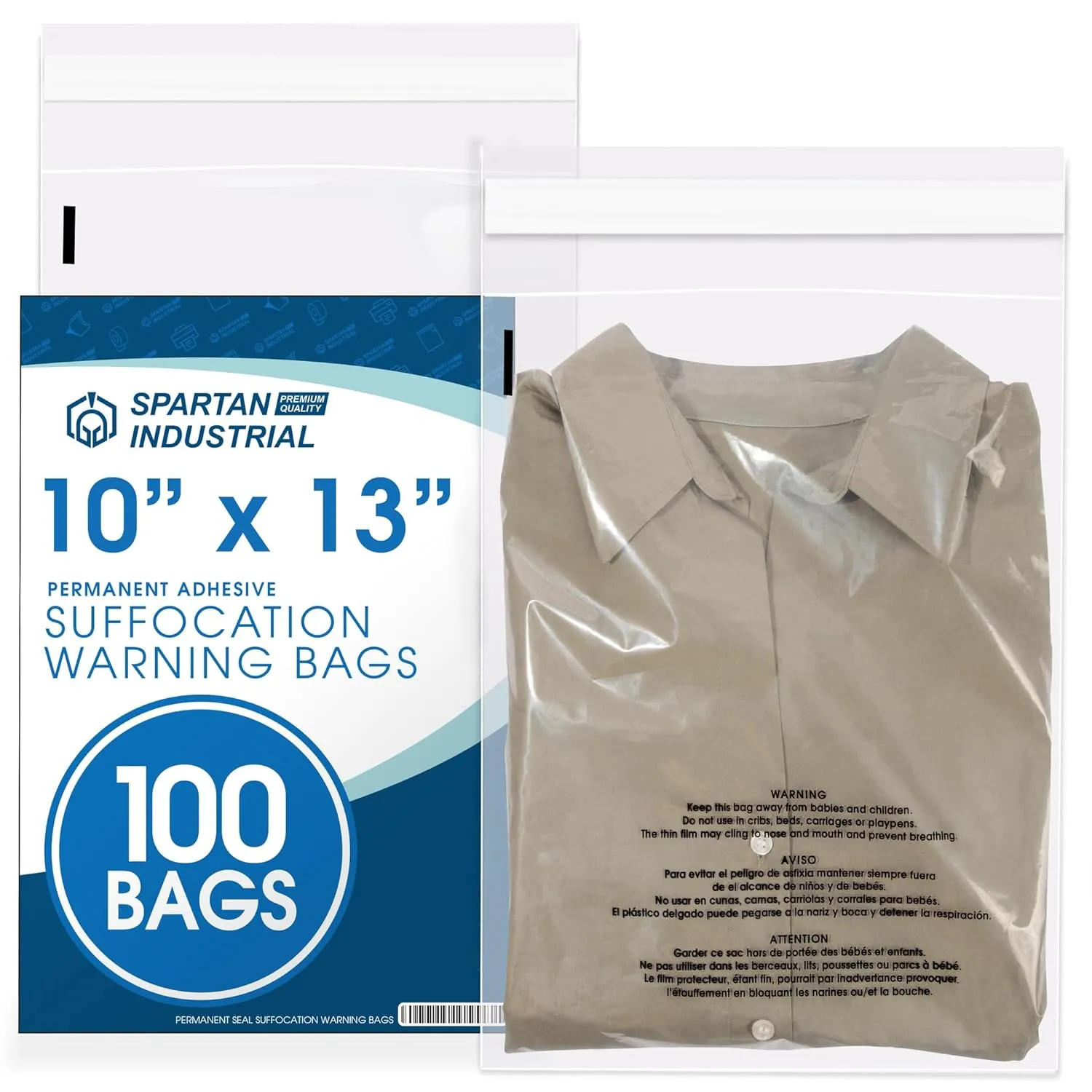 Spartan Industrial - 10” X 13” (100 Count) Self Seal Clear Poly Bags with Suffocation Warning for Packaging, T Shirts - Permanent Adhesive