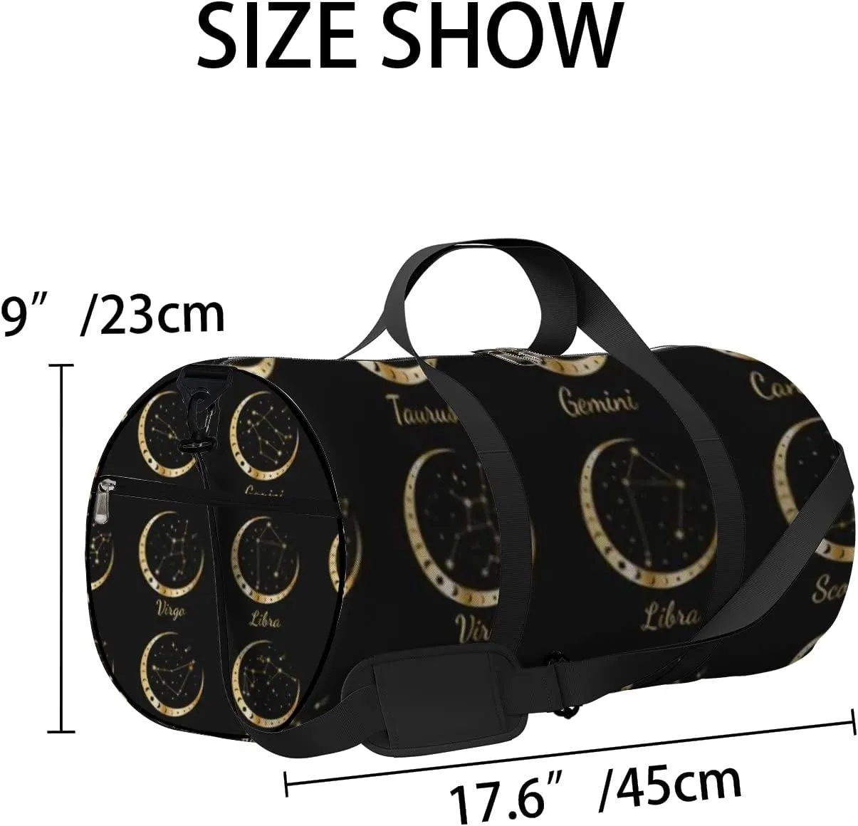 Sports Gym Bag for Women and Men Waterproof Gold Zodiac Constellations Wreath of Moon Stars Duffel Bag Lightweight Carryon Traveling Boarding Gripsack